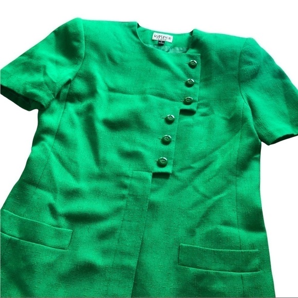 VINTAGE 80s Dress Asymmetrical Button Front Short Sleeve Power Suit Sheath Sz 8 - Picture 3 of 5